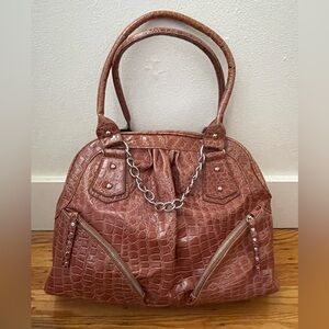 Chic Brown Faux Patent Crocodile-Embossed Leather Shoulder Bag